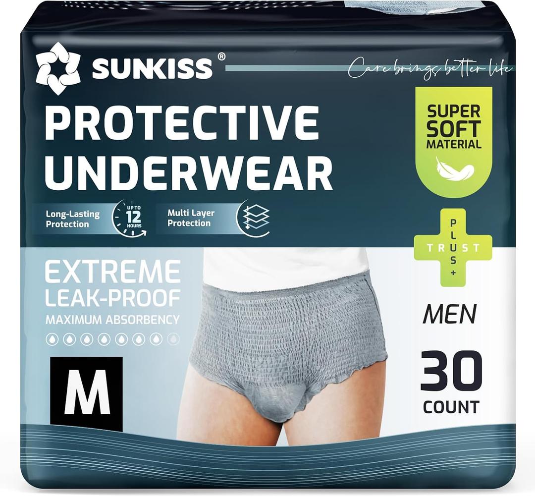 SUNKISS Super Soft Incontinence Underwear for Men, Daytime Disposable Adult Pull Ups, Mens Protective Diapers with Maximum Absorbency, Medium, Grey, 30 Count