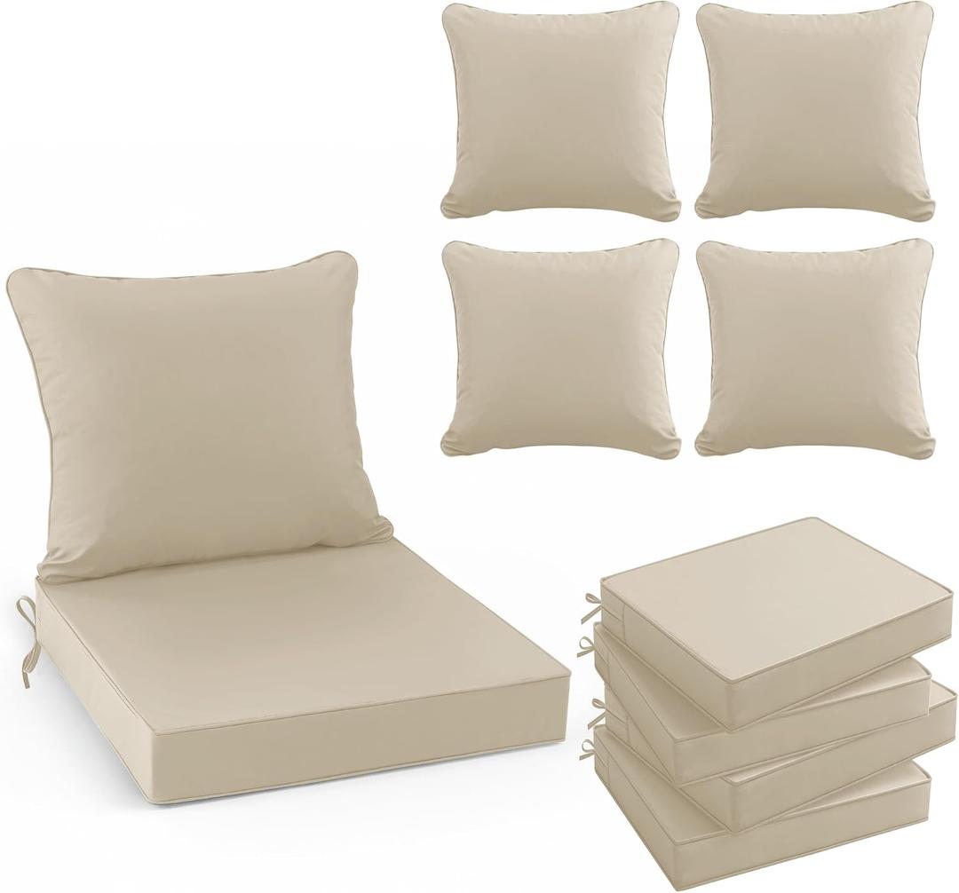 Summsun Outdoor Chair Cushions Set of 4, Waterproof Backrest and Deep Seat Cushion Set for Patio Furniture, Outdoor Sofa Replacement Cushions with Removable Cover, 24 x 24 Inch, Cream