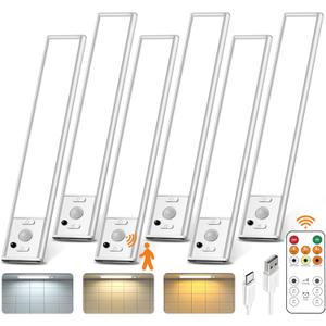 Under Cabinet Lighting with Remote Control,USB Rechargeable 180 Lumen Motion Sensor Light Indoor,Magnetic Wireless Under Counter Light,3 Color Dimmable Closet Lights for Kitchen, Pantry, Stair, 6 Pack (White-9 Inch)