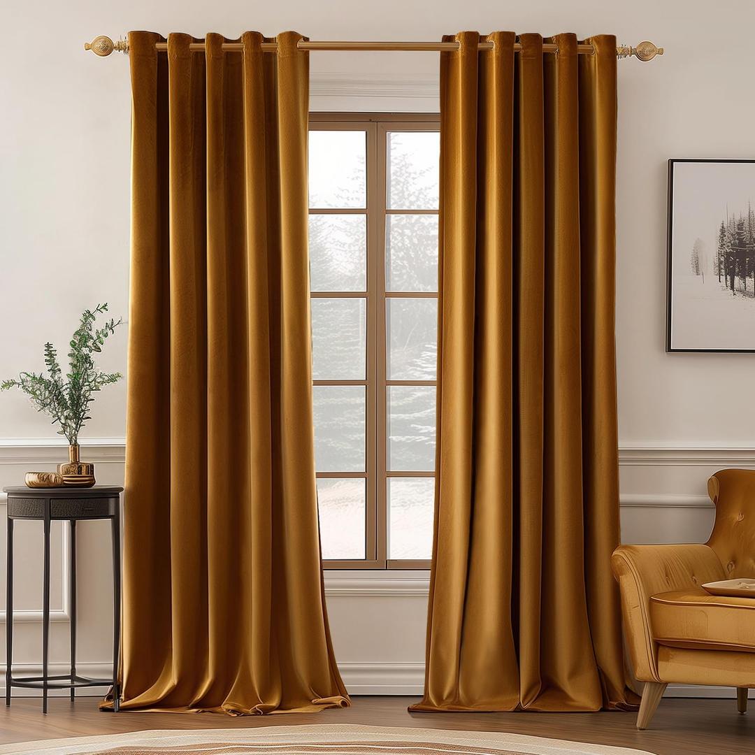MIULEE Velvet Curtains Golden Brown Elegant Grommet Thermal Insulated Soundproof Room Darkening Curtain/Drapes for Classical Living Room Bedroom Decor 72 x 84 Inch Set of 2
