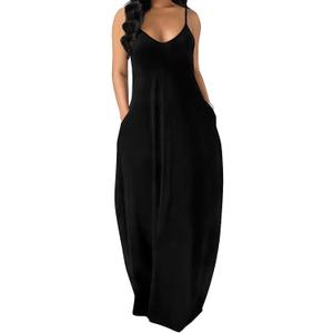 OFEEFAN Women's Maxi Dresses Summer Spaghetti Strap Dress with Pockets (XX-Large, Aablack)