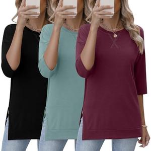 Huukeay 3 Pack 3/4 Length Sleeve Women's Tops Side Slit Tunic Loose Fit Round Neck Tee Shirt Ladies Casual Basic Fall Clothes.Size Large