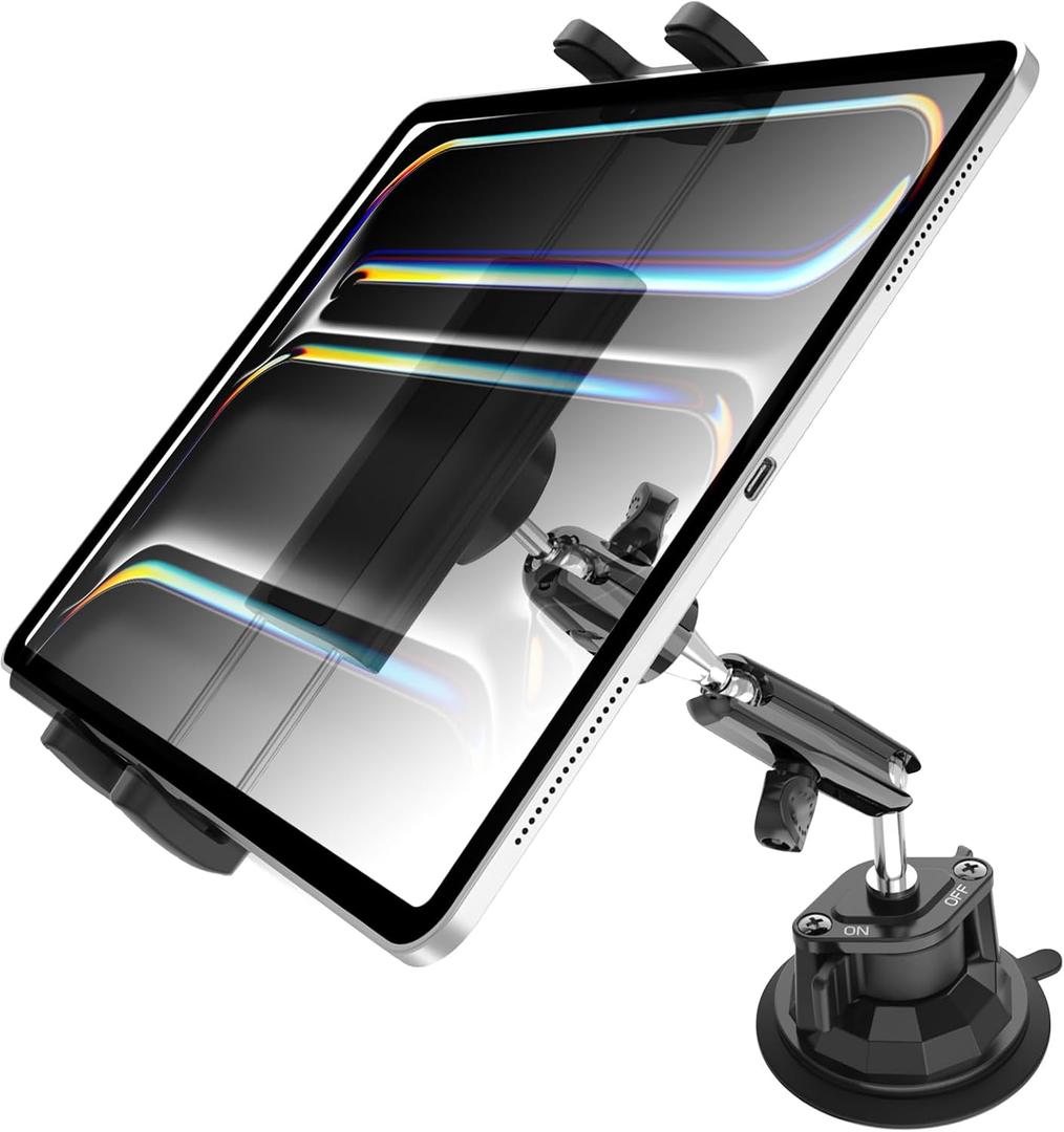 Charchendo Tablet Holder for Car Truck SUV Dashboard Windshield, Strong Suction Cup Tablet Phone Mount with 7.5" Metal Arm 360 Rotation Fits iPad Pro 13/12.9/Air/Mini, Galaxy Z Fold, 4-13" Devices