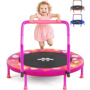 Happin 36" Mini Foldable Toddler Trampoline for Kids with Height-Adjustable Handle, Noise-Free Kids Trampoline Indoor with Super Safety Pad & Durable Steel Frame, Indoor/Outdoor (Purple and Coral)