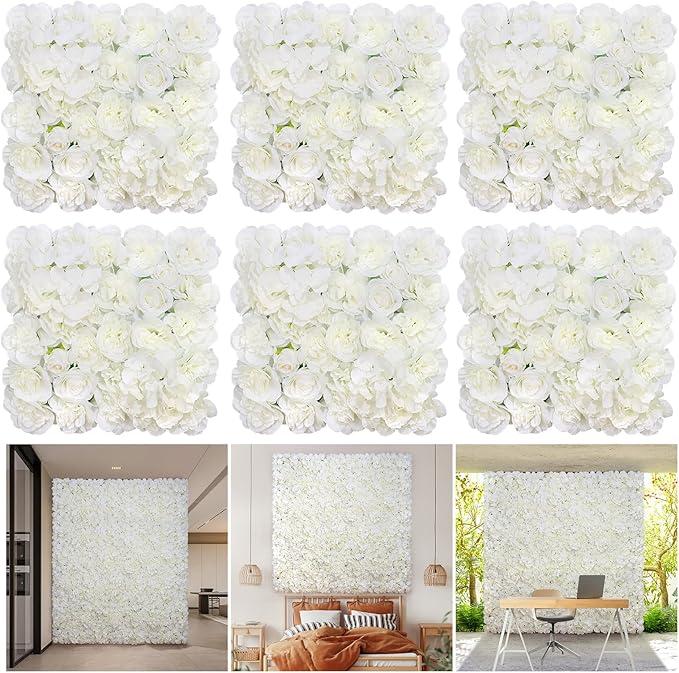 RIDDSEE Flower Wall Backdrop 6 Piece 16.5x16.5inch White Silk Rose Wall Decor Artificial Floral Panel Ideal for Wedding Celebrations Arrangement Festive Party Backdrops and Elegant Home Decor
