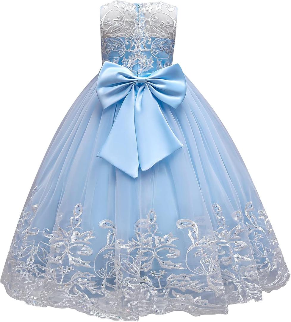 Flower Girl Lace Dress for Kids Wedding Bridesmaid Pageant Party Formal Long Maxi Gown Big Little Princess First Communion Birthday Dance Prom Sequins Bowknot Puffy Tulle Dresses, Blue, 9-10 Years