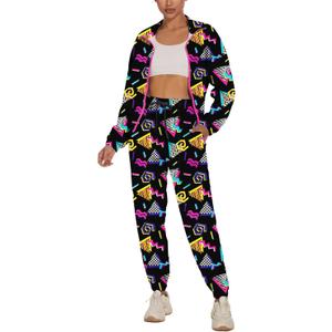 UOUA Women's Color Block 2 Piece 80s 90s Outfits Long Sleeve Windbreaker Jacket Tracksuit Set (Black Print) S