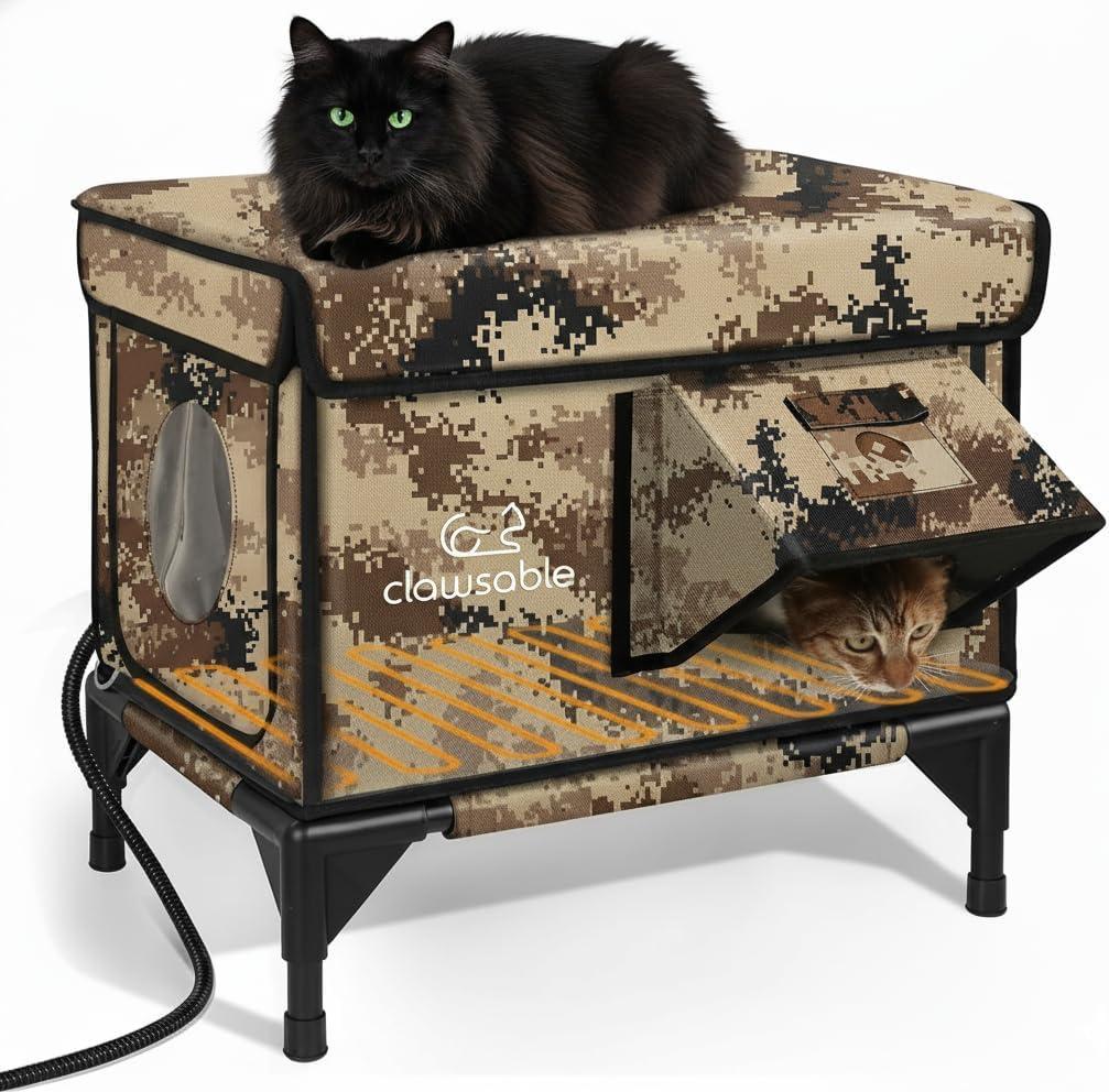 Indestructible Heated Cat House for Outside Cats Winter, 100% Weatherproof, Safe Escape Door, Insulated Outdoor Cat Shelter with Heater for Feral Barn Cat Kitty (Desert Camouflage, 13"x17"x12.6")