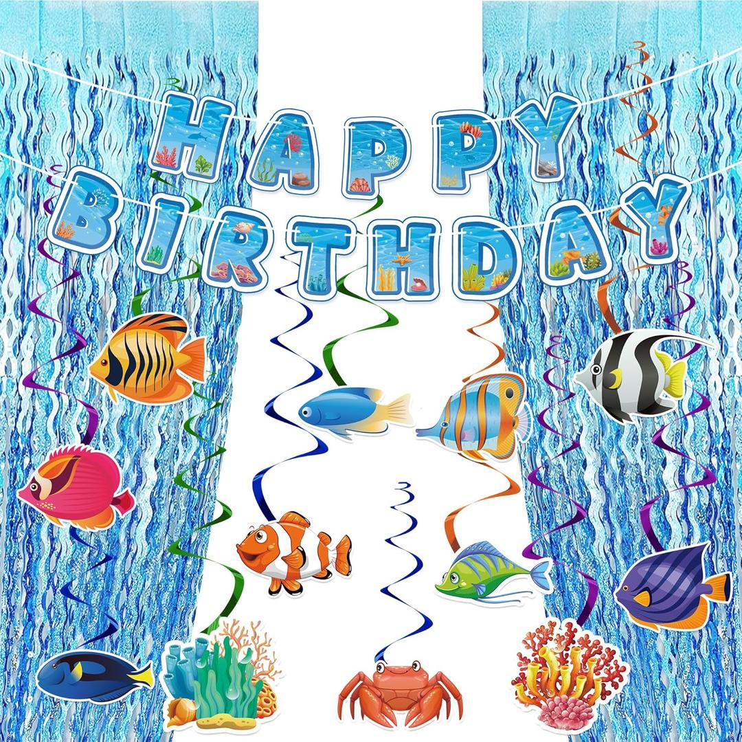 Under The Sea Birthday Party Decorations Set - NO DIY - Tropical Fish Hanging Swirls & Wavy Foil Fringe Curtain Ocean Sea Animals Party Supplies for Kids Boys Girls Birthday Party Decorations