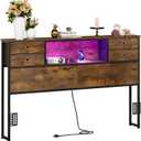 GiftGo Queen Size Headboard with 4 Fabric Storage Drawers Charging Station LED Light Adjustable Height Storage Rack Sturdy and Stable Metal Frame & Wood Shelf (Rustic Brown, Queen (U.S. Standard))