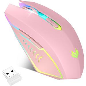Wireless Gaming Mouse, Rechargeable Computer Mouse, 7-Color LED Light, Ergonomic Mouse with 6 Silent Click Buttons, 3 Adjustable 2400 DPI Wireless Mouse for Laptop,PC,Mac, Pink