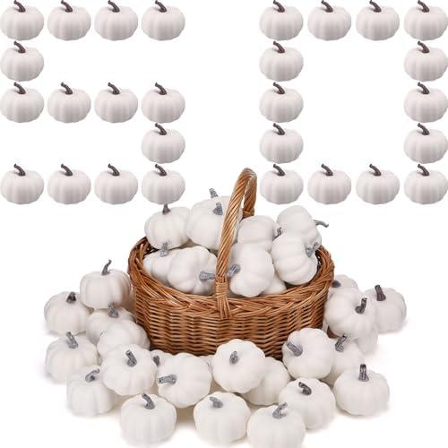 Liliful 50 Pcs 3.15 Inch Fall Artificial Pumpkins Fake Pumpkins Decor Fall Harvest Lifelike Pumpkin Bulk Foam Cushaw for Autumn Halloween Thanksgiving Table Home Kitchen Decorations (White)