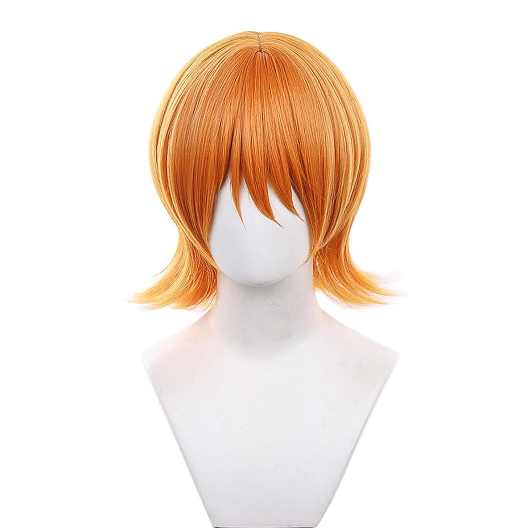 Wig for Cosplay, Short Orange Synthetic Hair with 2pcs Tattoos for Women Halloween