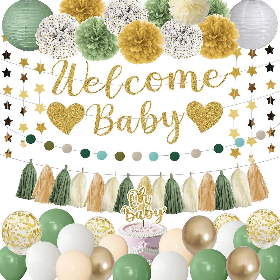 Sage Green Baby Shower Decorations,Welcome Baby Banner,Oh Baby Cake Topper,Paper Lanterns,Balloon,Pom Poms Flowers Tassels,Circle Dots Star Garland Gender Neutral Birthday Party Decor