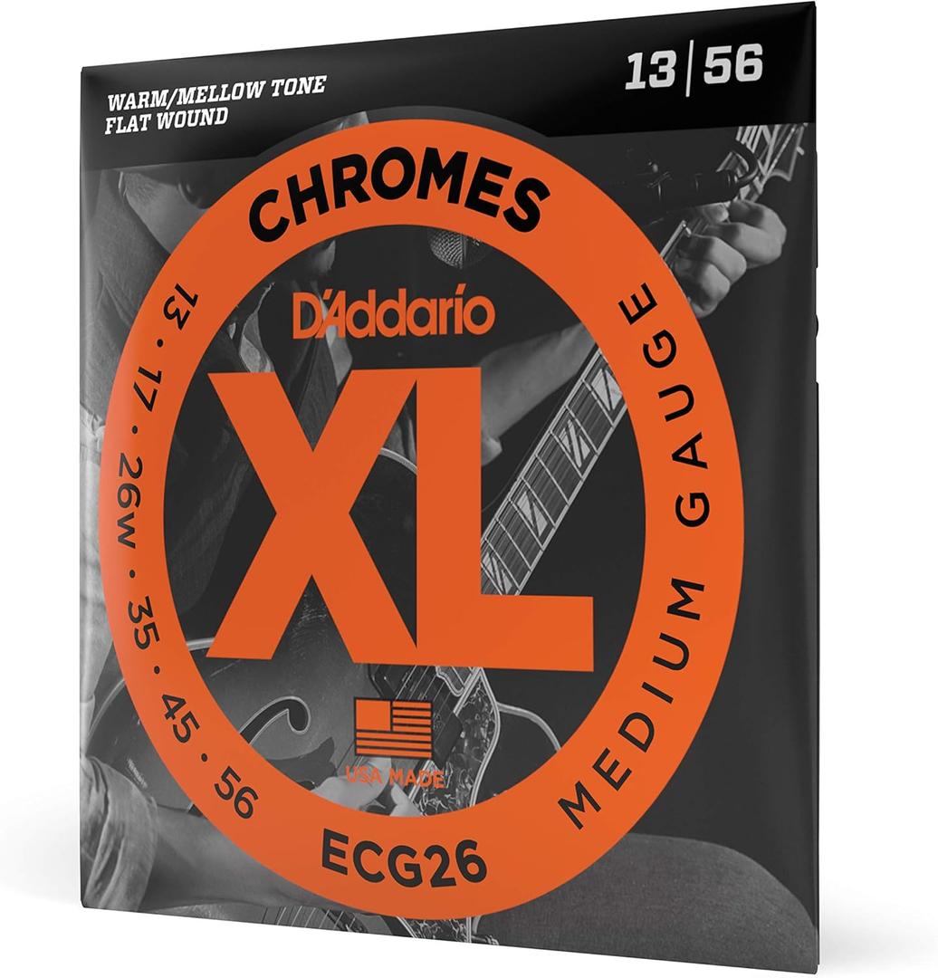 D'Addario Guitar Strings - XL Chromes Electric Guitar Strings - Flat Wound - Polished for Ultra-Smooth Feel and Warm, Mellow Tone - ECG26 - Medium, 13-56, 1-Pack