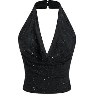 SOLY HUX Women's Halter Top Sparkly Sexy Backless Party Crop Tops Club Rave Festival Outfits Black, M