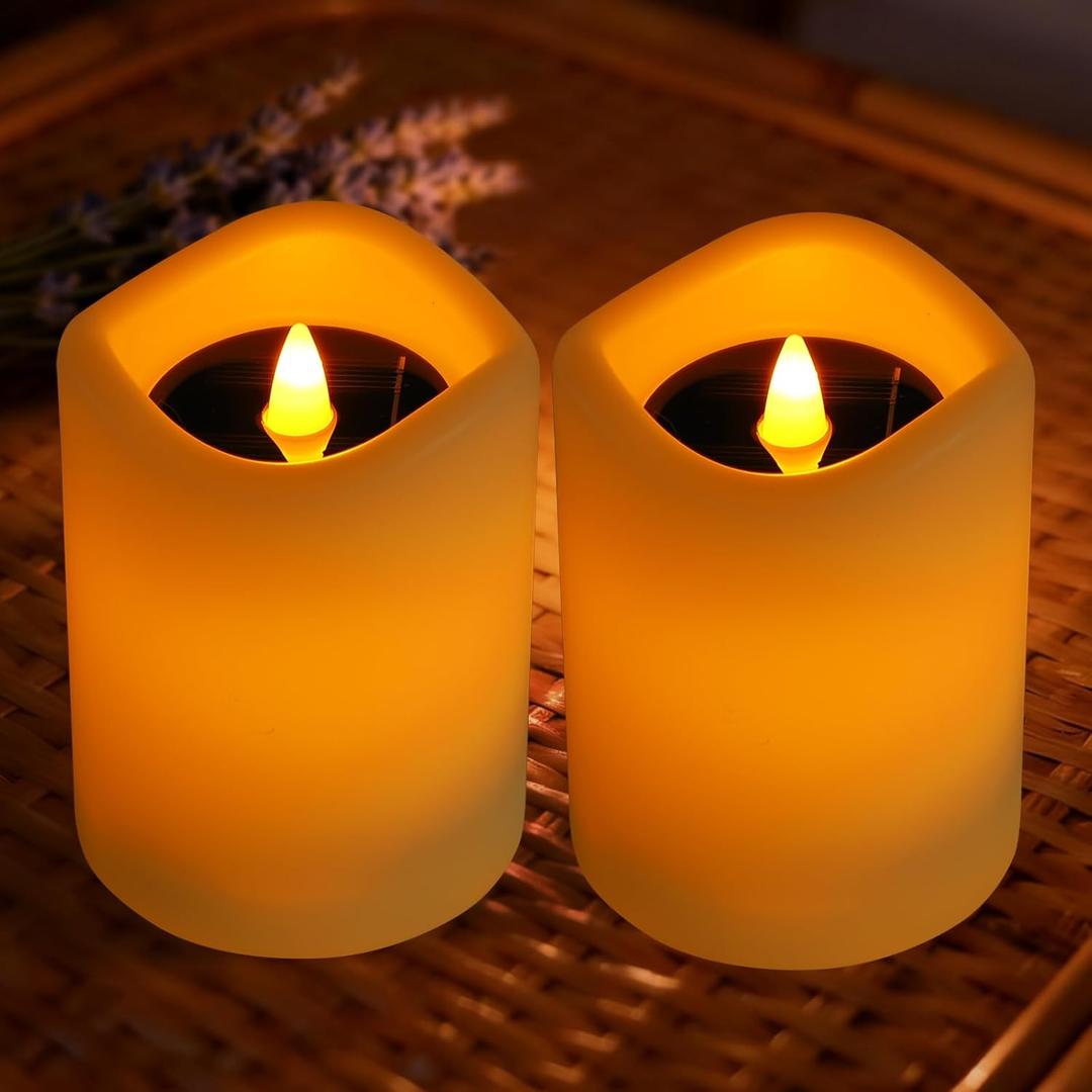 Solar Candles Outdoor Waterproof, 2 Pack Solar Flameless LED Rechargeable Candles with Flickering Glow, Dusk to Dawn Auto On/Off, Replaceable Battery, Lantern & Garden Decor, Holiday Gifts (3" x 4")