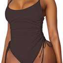 Viottiset Women's Drawstring One Piece Swimsuit Tummy Control High Cut Cheeky Bathing Suit Monokini Dark Brown, Small