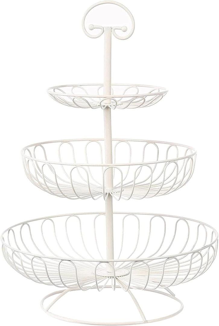 Juvale Countertop Fruit Bowl 3-Tier Wire Fruit Basket - 18.25 in Tall, White Metal, Classic Round Style - Space-Saving Kitchen Organizer & Produce Stand with Tool-Free Assembly & Carry Handle