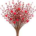 6 Pack Day Mother's Decoration, Artificial Flower Picks Pink Red Heart Shaped Berry Stems for Mother's Day, Faux Berry Branches Decoration for Home Wedding Candlelight Dinner Anniversary Party Decor