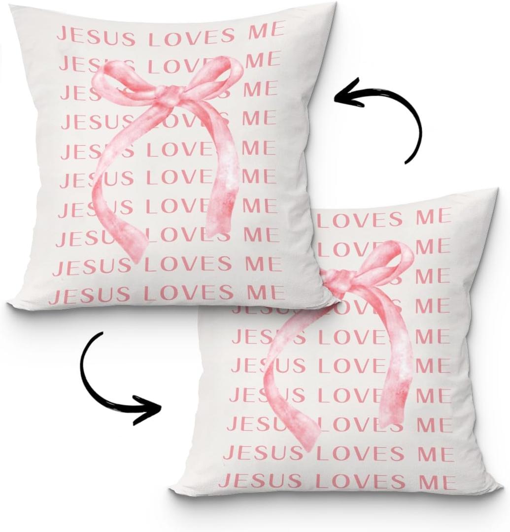 Coquette Pink Bow Pillow Cover 18x18, Jesus Loves Me Christian Pillow Covers, Christian Gifts for Women Girls, Coquette Room Decor, Christian Home Room Decor, Pink Room Decor,685Pillowcover