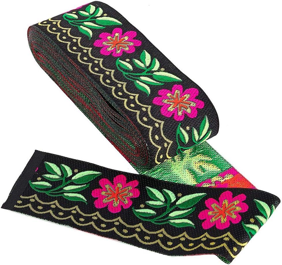 GORGECRAFT 7 Yards 2inch Jacquard Ribbon Daisy Leaves on Waves Fabric Trim Fringe Floral Embroidered Woven Trim for Embellishment Craft Supplies Garment Accessories, Black