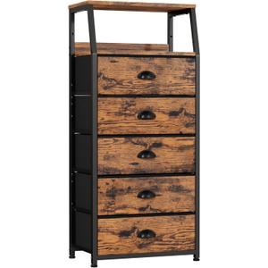 Furnulem Tall 5 Drawers Dresser, Vertical Storage Tower Fabric Dresser for Bedroom, Hallway, Entryway, Nursery, Closet Organizer, Nightstand Bedside Table Furniture, Sturdy Steel Frame, Wood Top (11.5"D x 16.1"W x 43.3"H)