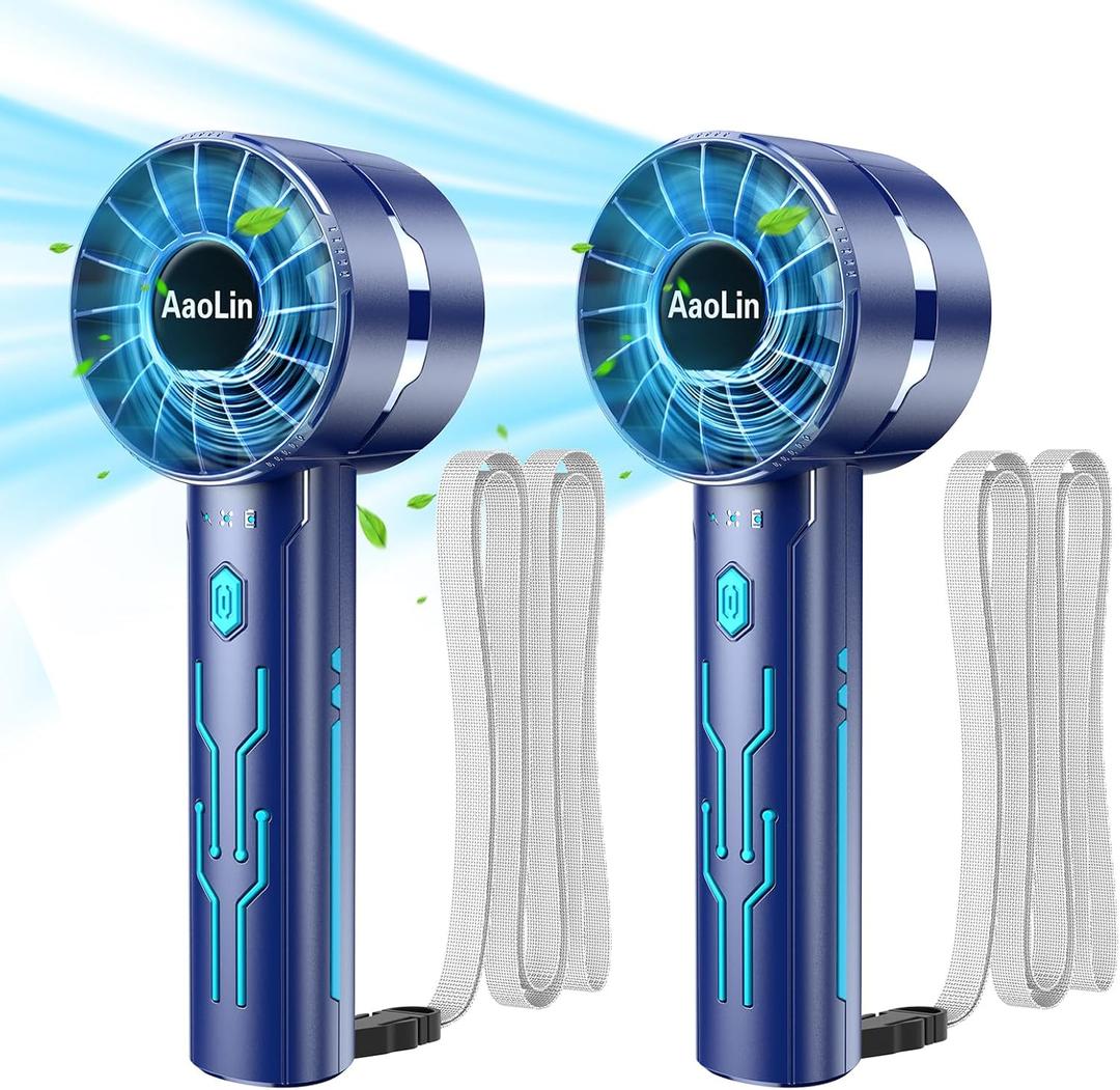 AaoLin 2pcs Portable Handheld Turbo Fan with 7000rpm High-Speed Motor USB Rechargeable Cooling Personal Fan 4-Speed, 4-16H Runtime, with Lanyard for Outdoor Travel, Women, Kids, Summer Gift