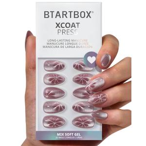 BTArtbox Press On Nails Short - Berry Spark, Lamp-Curable Glitter Almond Press On Nails with Glue and Adhesive Tabs for Women in 16 Sizes - 32 Soft Gel Glue On Nails Kit