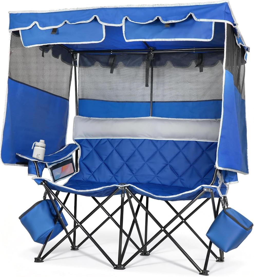 Suteck Double Camping Chair with Canopy, Oversized Double Chair with Umbrella, Folding Camping Loveseat w/2 Cooler Bag & Cup Holders for Camping Beach Fishing, Supports 660lbs