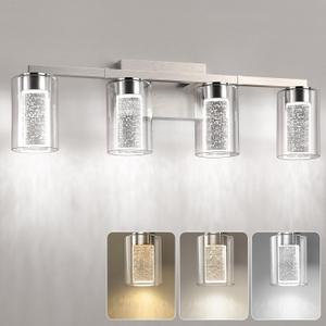 Amico Bathroom Vanity Lights, 4 Lights Brushed Nickel Bathroom Lighting Fixtures with 3CCT Adjustable, Modern Wall Light Over Mirror with Crystal Bubble Glass Shade