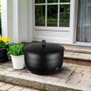 Monarch Abode Garden Hose Holder with Lid Decorative Water Hose Holders for Outside, Hand Hammered Metal Matte Black Pot with Drainage, 100ft Waterhose Holder for Outside, Garden Storage Caddy