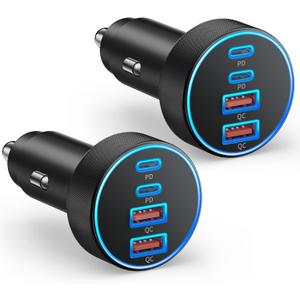 2 Pack USB C Car Charger, 90W 4-Port Cigarette Lighter USB Charger Multiport Type C Super Fast Car Phone Adapter Accessories for iPhone 17 16 15 14 13 12 Pro Max, iPad, Galaxy S26 S25 S24, Android
