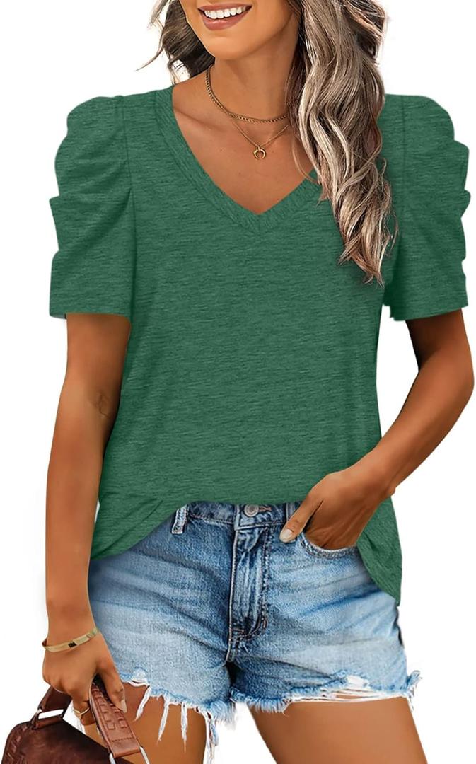 XIEERDUO Womens Summer Shirt V Neck Casual Tshirts Puff Sleeve Tops for Women Solid Color XS-3XL (Small, 06-green)