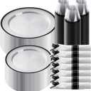 Goodluck 350 Piece Black Plastic Dinnerware Set for Party, Clear Disposable Plates for 50 Guests, Include: 50 Dinner Plastic Plates, 50 Dessert Plates, 50 Pre Rolled Napkins with Cutlery Set, 50 Cups