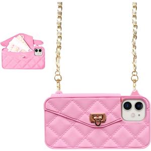 UnnFiko Wallet Case Compatible with iPhone 12 Pro, Cute Light Luxury Bag Design, Purse Flip Card Pouch Cover Soft Silicone Case with Handstrap Long Shoulder Strap (Pink, iPhone 12 Pro)