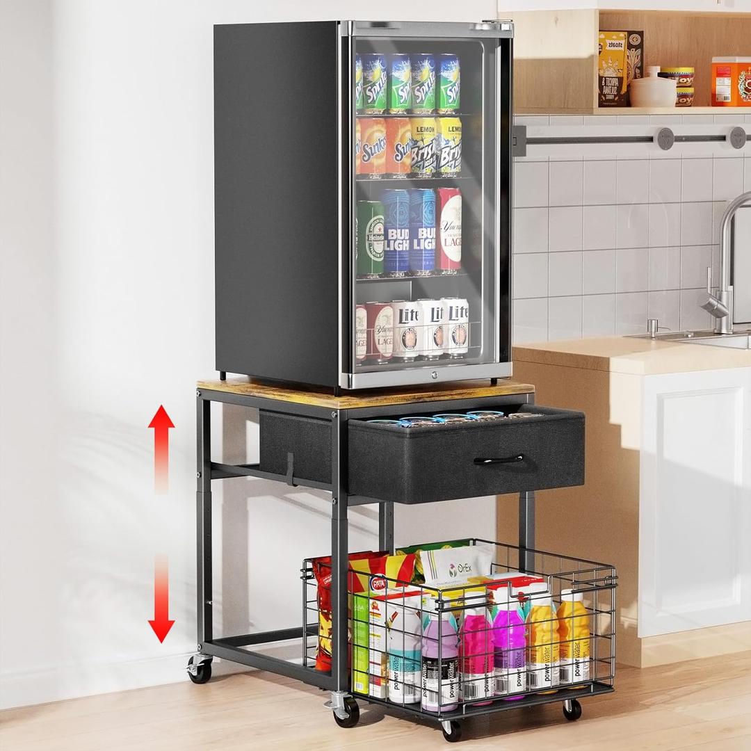 Housolution Mobile Mini Fridge Stand with Storage, Height-Adjustable Mini Beverage Fridge Table, Coffee Bar, 200 lbs Heavy-Duty Compact Refrigerator Shelf with Rolling Cabinet for Kitchen Home Office (Black+brown)