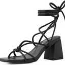 Shoe'N Tale Lace Up Heels for Women Ankle Strappy Gladiator High Heeled Sandals Chunky Block Heel Square Open Toe Criss Cross Dress Shoes (10, Black)