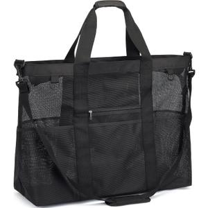 Fammart Mesh Beach Bag, Large Beach Tote with Zipper Pocket, Toys Pool Bag for Family Travel Vacation Cruise Essentials