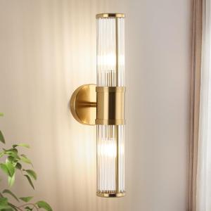 Modern Brushed Brass Vanity Light Fixture - Dual Glass Rods Wall Sconce for Bathroom, Double Light Socket E12 Candelabra Base, Mirror Vanity Lighting (Bulbs Not Included) (19.69 inch)
