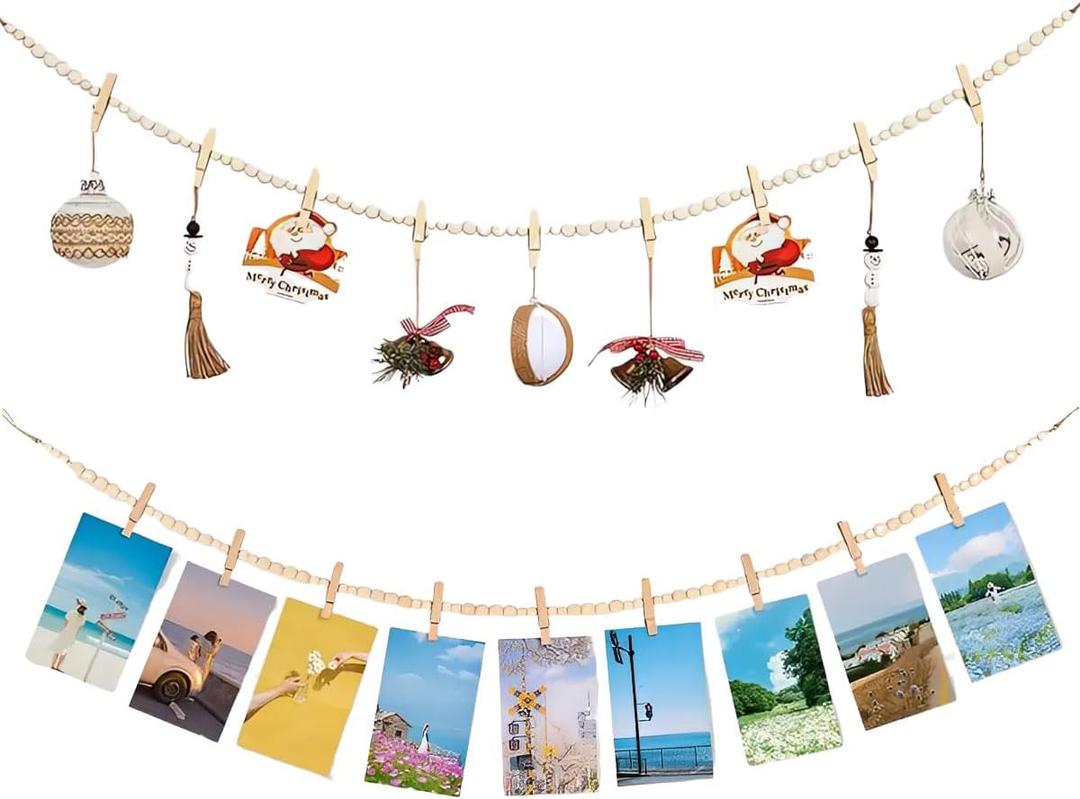 2 x 2PCS Hanging Photo Display with Clips, Boho Wooden Bead Garland Hanging Photo Collage Picture Frame with 9 Wood Clips for Living Room, Bedroom, Dorm Wall Decor
