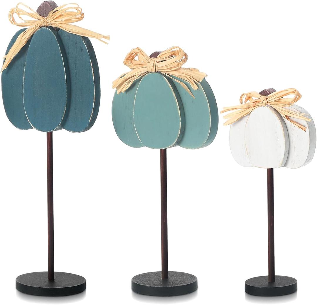 Thyle 3 Pcs Thanksgiving Pumpkin Table Centerpieces Wood Harvest Table Decorations for Home Standing Block Tall Sign with Bow for Home Decor(Blue, Light Blue, Grayish White)