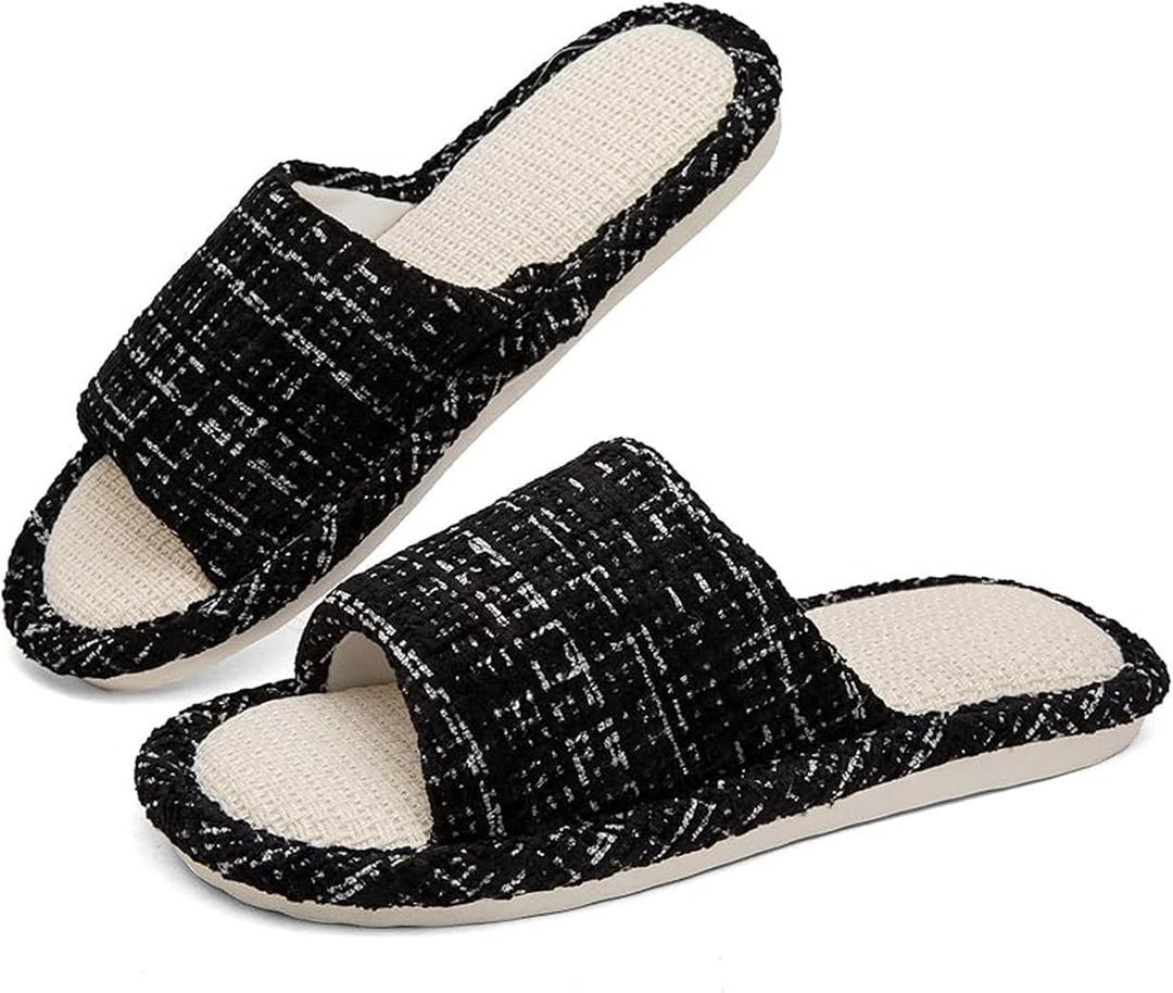 Womens Slippers, Linen Flax House Slippers for Women Men Unisex, Cute Soft Open Toe Summer Bedroom Slides House Shoes Indoor Outdoor Shower Drys fast (7.5-8.5, Charcoal)