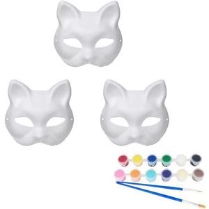 3 Pcs DIY Cat Fox Mask Paintable Blank Role Playing Halloween White Hand Painted Masks，Ages 14 +
