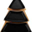 DOITOOL Christmas Tree Shaped Platter Snack Appetizer Trays Ceramic Christmas Serving Tray, 3 Compartment Food Serving Platter Wooden Base for Holiday Party Supplies (26.4X19X4.2CM, Black)