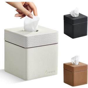 Tissue Box Holder Cover, Modern PU Leather Square Decorative Tissue Holder Organizer-Woven New Off White