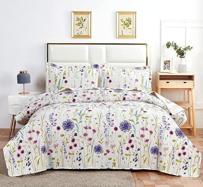 Bedspread Set 3-Piece Lavender Floral Bedding Set Reversible Coverlet Bedspread Queen(90 x 90 Inches), Lilac Flower Botanical Printed Lightweight Quilt Set Bed Cover for All Seasons (Full/ Queen, Purple)