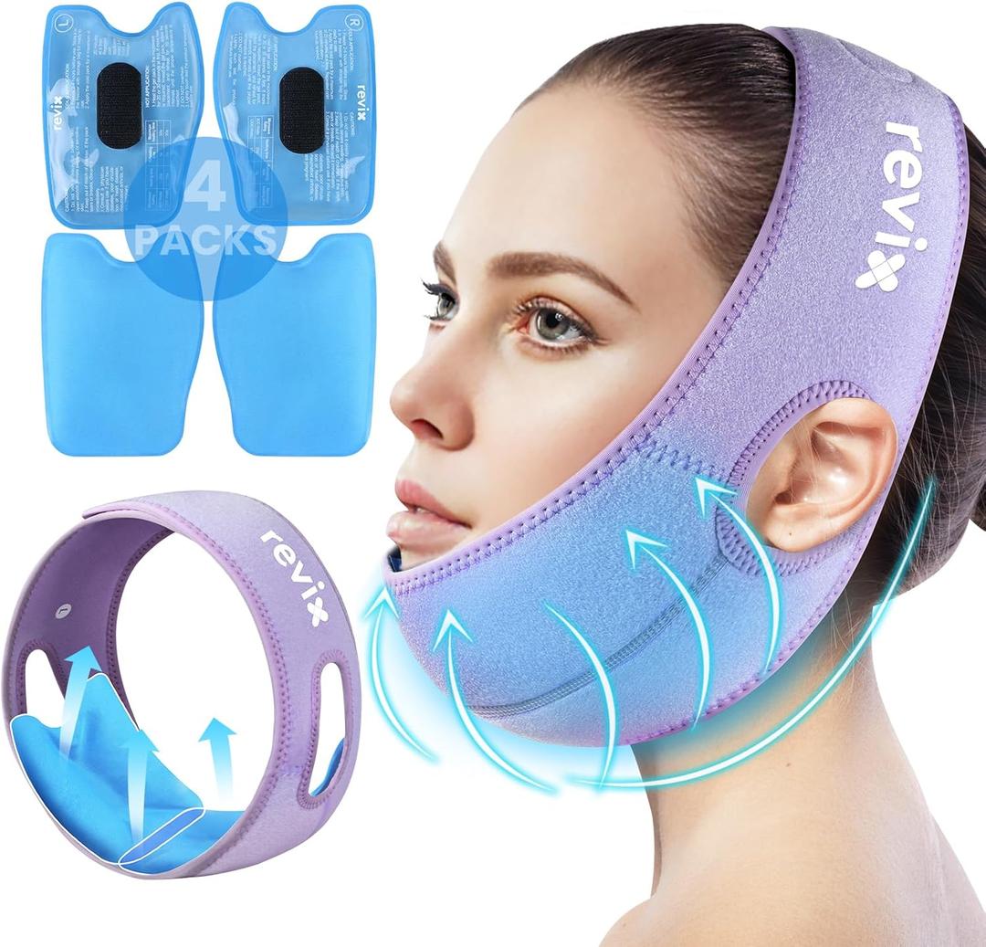 REVIX Wisdom Teeth Ice Pack Head Wrap with 3D Sewing Jaw Ice Pack for Face Oral Surgery Pain Relief for TMJ, Tooth Extraction & Teeth Removed, Extra Snug Fit with 4 Hot Cold Gel Packs, Lavender-Pack 1