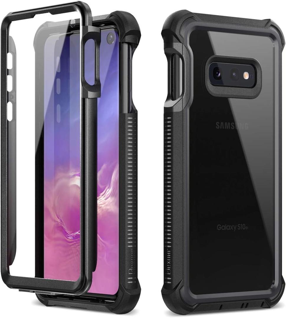 Dexnor Galaxy S10E Case with Built-in Screen Protector Clear Rugged Full Body Protective Shockproof Hard Back Defender Dual Layer Heavy Duty Bumper Cover Case for Samsung Galaxy S10E - Black