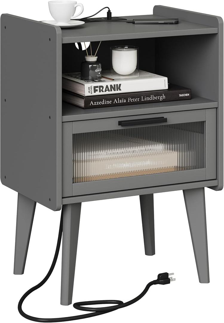 Nightstand with Charging Station, Bedside Tables Grey End Table Side Table with 2 Tiers Storage Space, for Bedroom Living Room CAMLBZ07ZE, 11.8"D x 15"W x 23.3"H